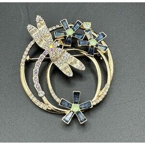Vintage Napier Signed Large Dragonfly Flower Circle Rhinestone Enamel Brooch Pin